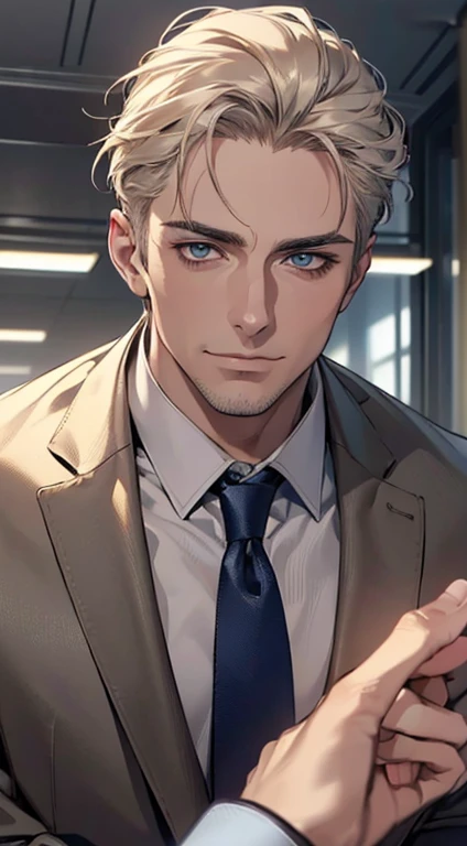 (best quality,4k,8k,highres,masterpiece:1.2),ultra-detailed,(realistic,photorealistic,photo-realistic:1.37),1 man,3,mature man,very handsome,without expression,smile,short grey golden hair,blue eyes,penetrating gaze,perfect face without errors,imposing posture,businessman,office background,cinematic lighting,hdr image