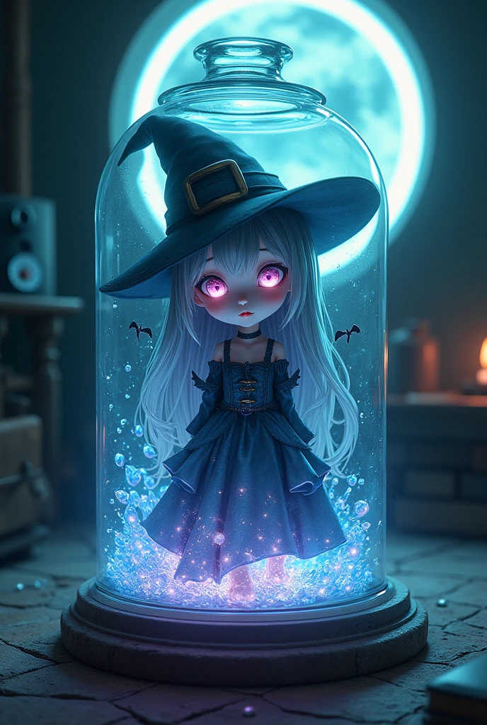 masterpiece, High resolution, anime style beautiful girl, be in a dirty glass, immersed in liquid, homunculus, magic circle, small room with phosphorescent flash, Perfect beautiful girl, dressed as a witch, bright from within, looking at the viewer, risa, 3D rendering, perspective, amazing anime illustration, awesome lighting, Fantastic, dangerous, monstrous, small demon wings, little devil horns. 