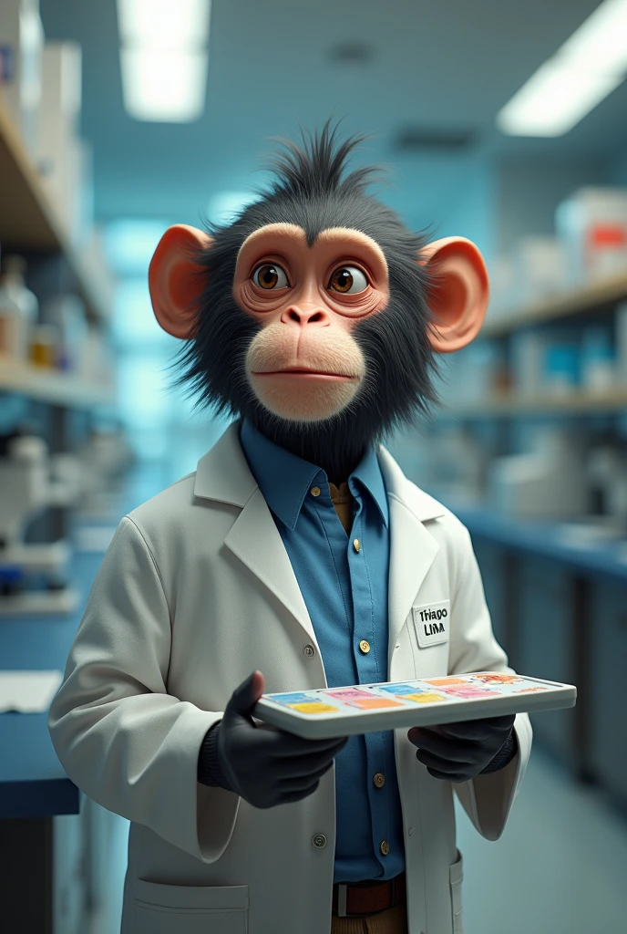 Doctor monkey named dr.. Thiago Lima in the lab coat , with pathology slides in his right hand , in the environment in a microscope room all in ultra realistic 8k. Name on the lab coat DR.Thiago Lima