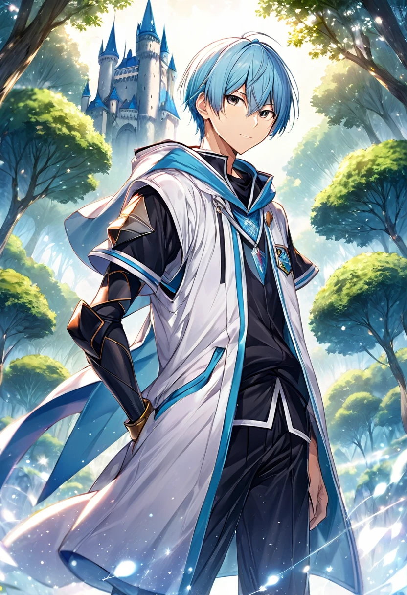 "Tetsuya Kuroko, from Kuroko no Basket, in a front-facing pose, wearing a fantasy outfit, such as a knight's armor or a wizard's robe. Detailed background with a fantasy world, such as a castle or a magical forest."
