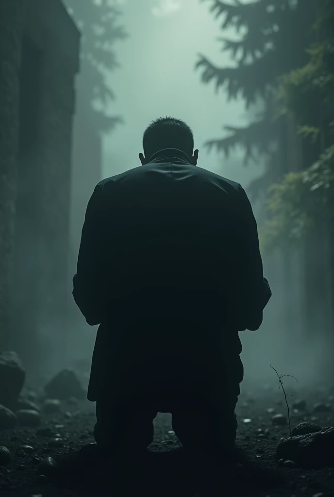 Silhouette of a man repenting from the back view, make him kneel more gloomy, from the point of view of his back