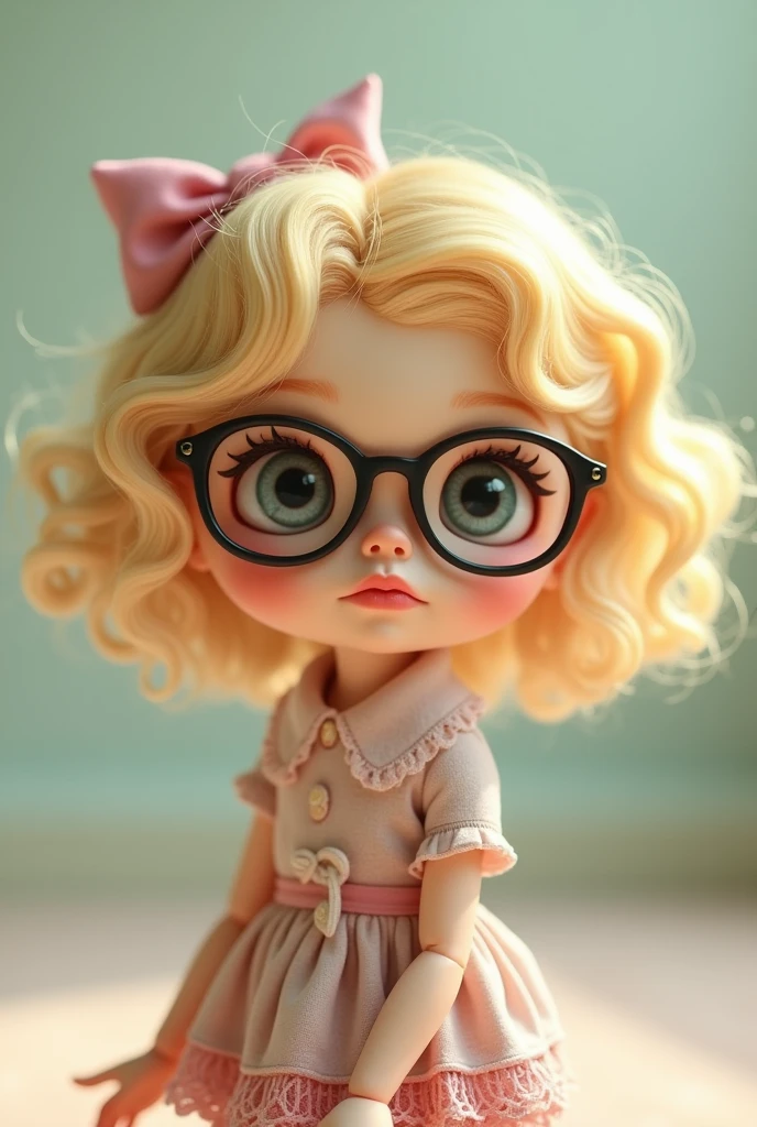 Create a blythe doll with short curly blonde hair, that uses glasses