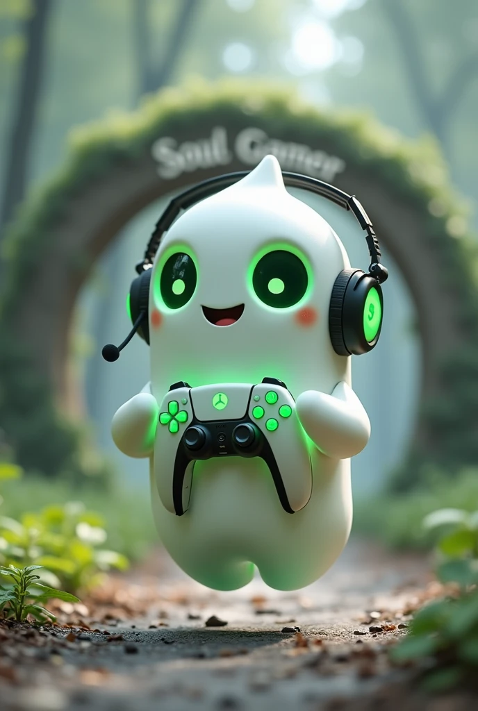 Create a medium-sized robot pet with a ghost-like appearance. With slightly rounded shapes resembling a drop. On your hands you have well defined fingers. His facial expression has large, green eyes with a glow, conveying a friendly and cheerful expression. He has a small open mouth with a happy smile and flushed cheeks.. Its body is white with small green details and a smooth, slightly shiny texture.. He has a headset on his head with an adjustable microphone positioned close to his mouth.. And on his chest you can see the illuminated shape of a Playstation 5 controller in fluorescent green.. It floats in the air, as if he were ready for an adventure. Behind the character you can see a portal and on it is written "Soul Gamer"