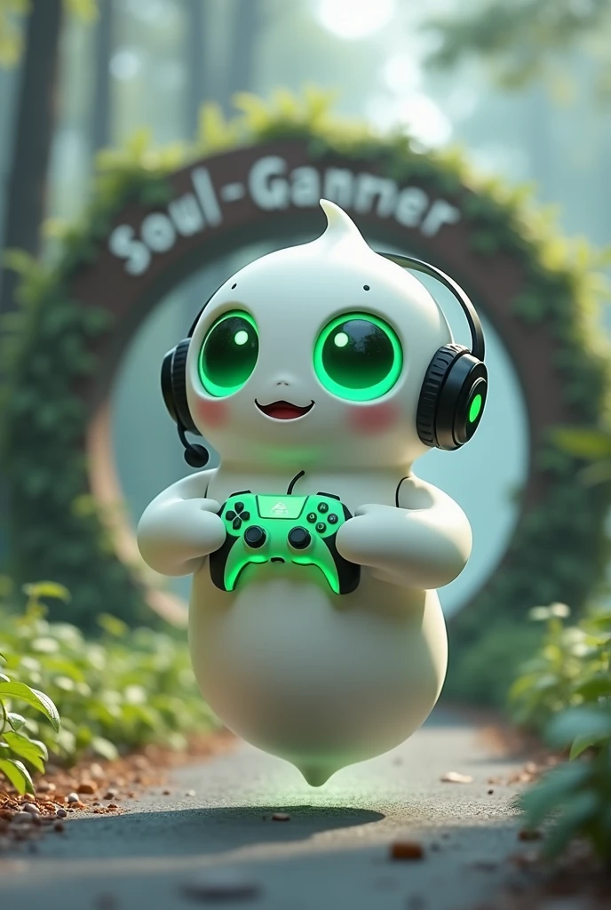 Create a medium-sized robot pet with a ghost-like appearance. With slightly rounded shapes resembling a drop. On your hands you have well defined fingers. His facial expression has large, green eyes with a glow, conveying a friendly and cheerful expression. He has a small open mouth with a happy smile and flushed cheeks.. Its body is white with small green details and a smooth, slightly shiny texture.. He has a headset on his head with an adjustable microphone positioned close to his mouth.. And on his chest you can see the illuminated shape of a Playstation 5 controller in fluorescent green.. It floats in the air, as if he were ready for an adventure. Behind the character you can see a portal and on it is written "Soul Gamer"