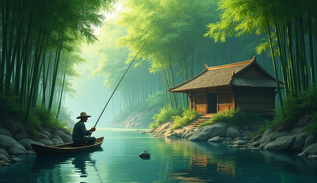a lush bamboo forest, a tranquil stream running through, a rustic bamboo hut, a fisherman in a small boat, (best quality,4k,8k,highres,masterpiece:1.2),ultra-detailed,(realistic,photorealistic,photo-realistic:1.37),vibrant colors,natural lighting,serene atmosphere,stunning landscape,detailed foliage,reflections in water,traditional asian architecture,weathered bamboo textures,skilled fisherman pose