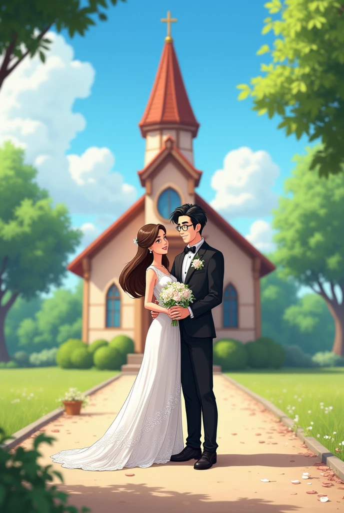 make a 26 year old woman, short and very long brown hair dressed as a bride and a tall 2 man, Tez blanca, black hair and glasses dressed in a black tuxedo happy outside a church in 2d animation