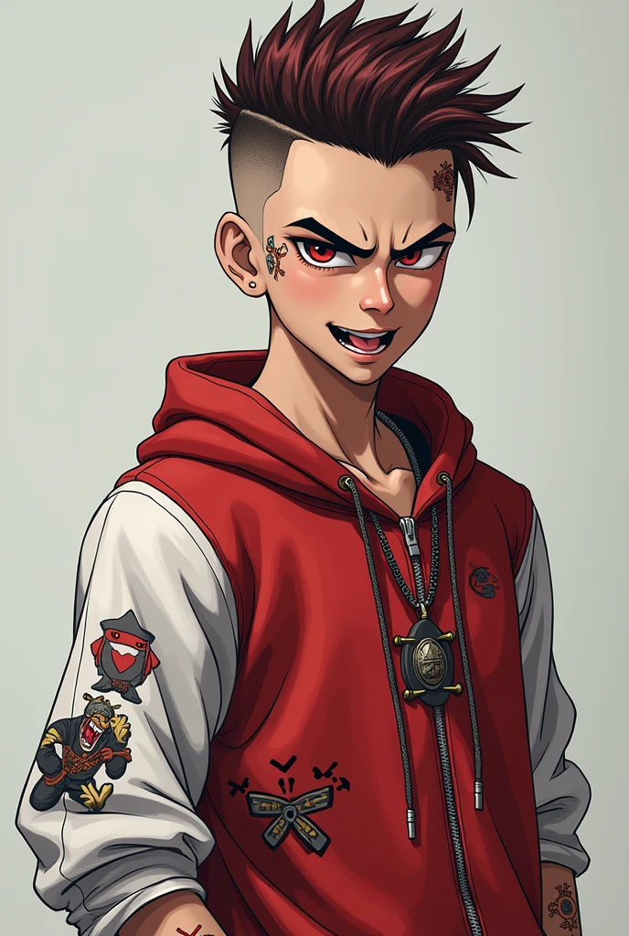 pose - eyelid pull tongue out, Whole body ,Anime, 1boy,buzz cut, fade,shaved head dark red hair , gradient eyes, character chart, young man, sportswear-like clothing dominated by dark red and white hues, athletics, brings out a youthful and stylish image. His facial expression and posture may be a bit tense, aggressive look, full body, tachie, UHD, high resolution, highest quality, plain background, On his body a cannon necklace, from abstract patterns to symbols of strength and rebellion,Oscar winning, award winning movie stills, heartwarming, movie, movie shots, very moving, full body, The whole body was photographed