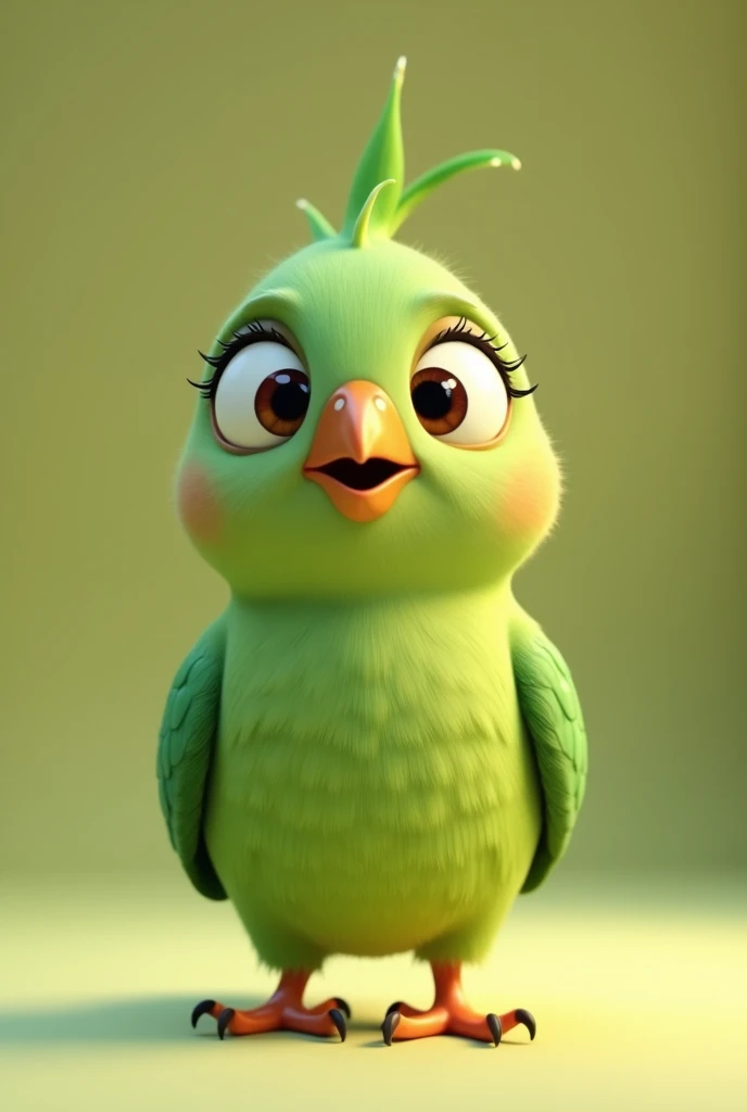 Pixar style 3d animation, green ringneck bird, on a neutral background