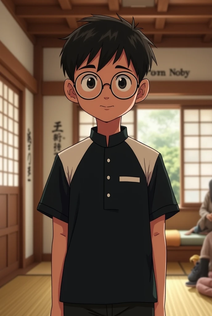 A Nobita who wears a black Malay shirt with white sides wearing round glasses against the background of a hall in Japan with the name ROOM NOBIY written on it