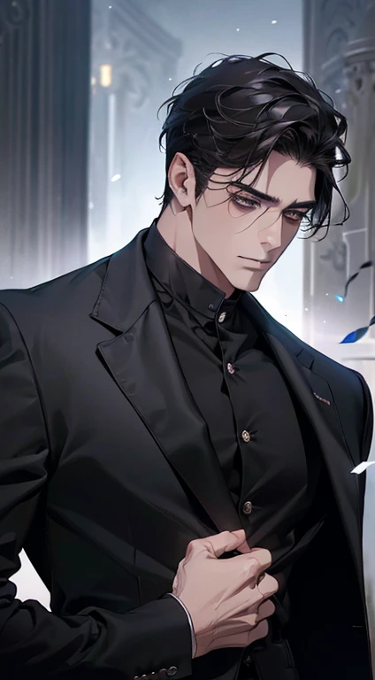 (best quality, masterpiece, 8K, photorealistic, cinematic lighting, 1:4 hdr image, ultra detailed, beautiful image), a mature man, very handsome, ((cold expression)), short black hair, black eyes, face perfect without mistakes, ((buttoning his jacket, CEO))