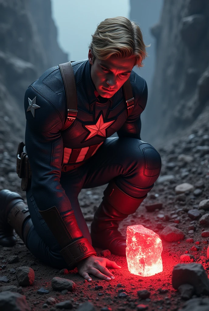 Captain America, (Blond Hair) kneeling in a battle-scarred landscape, discovers a glowing fragment of the Reality Stone, its mysterious red light casting shadows on his face. The surroundings are dark and eerie