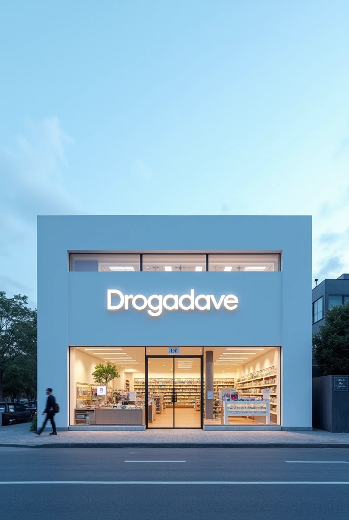 a drugstore with white and light blue tones with the facade saying DROGADAVE 
