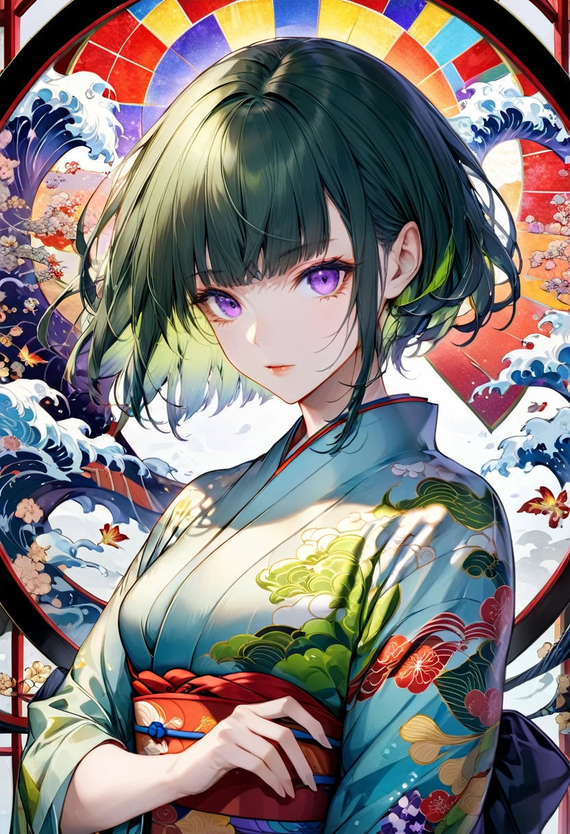 Ukiyo-e, Japanese painting, woodblock print, Beautiful woman, Wearing colorful open-necked kimonos, Background stained glass, Conceptual installation art, (Super detailed, The absolute solution, Highest quality:1.3), 2.5D, delicate and dynamic, artistic, Hyper, Graphics CG Digital Art、Green Hair、Purple Eyes、short hair、whole body、front、Japan horn