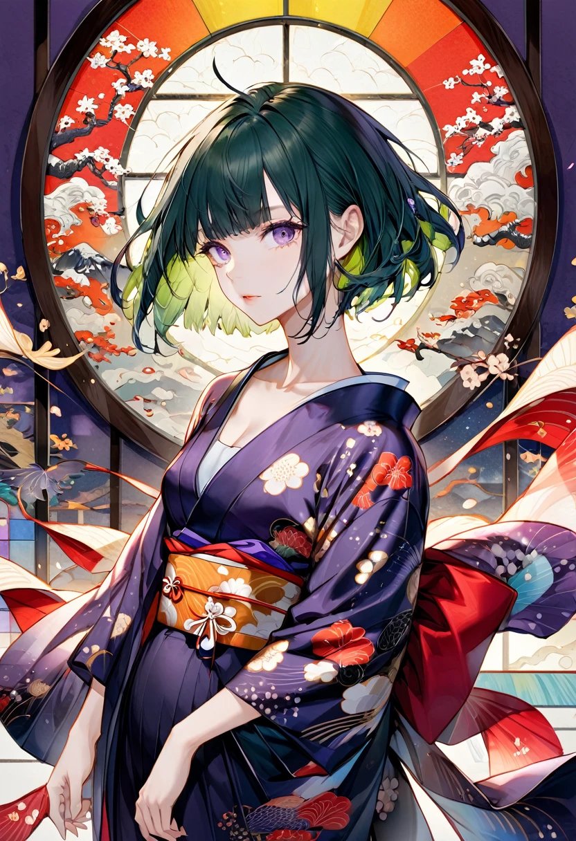 Ukiyo-e, Japanese painting, woodblock print, Beautiful woman, Wearing colorful open-necked kimonos, Background stained glass, Conceptual installation art, (Super detailed, The absolute solution, Highest quality:1.3), 2.5D, delicate and dynamic, artistic, Hyper, Graphics CG Digital Art、Green Hair、Purple Eyes、short hair、whole body、front、Japan horn