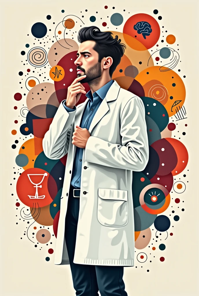Create a vector image of a psychologist dressed in a white coat and a cloud of ideas with elements related to psychology in the background