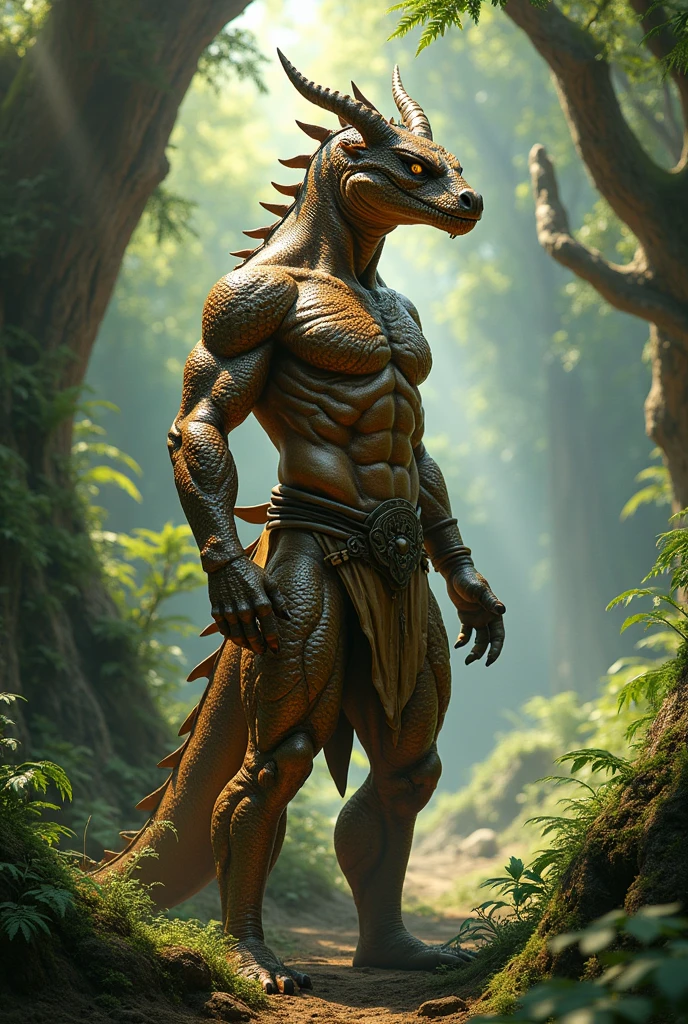 Dragonborn, messingschuppen, loincloth, forrest