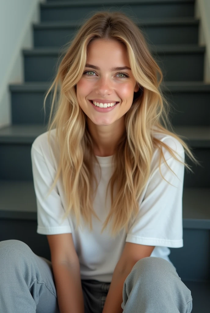 8k, highest quality, ultra details, German girl with long blonde hair and green eyes with slightly thicker lips , happy and relaxed on a staircase with grey pants and white top