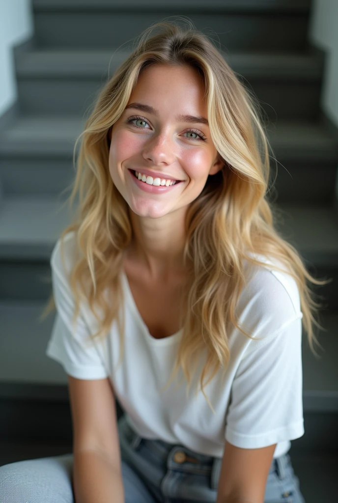 a single beautiful female veterinary technician, blonde hair, smiling with perfect straight white teeth
