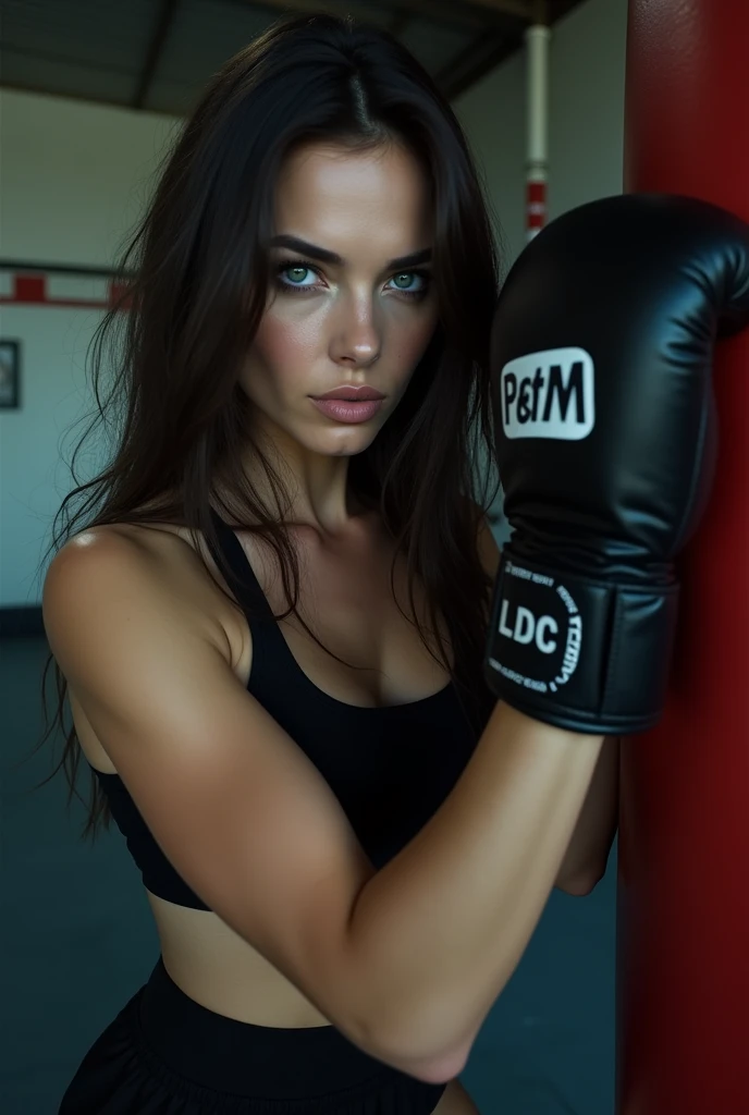 Realistic black haired woman, intimidating blue eyes, she has very white skin, she wears black workout clothes. She is training box, fully concentrated and spontaneous.