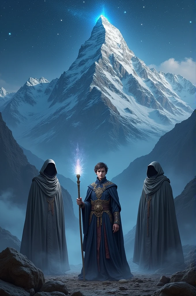Photorealistic of a 20 year old magician next to old guards in gray robes at the foot of a starlit mountain
