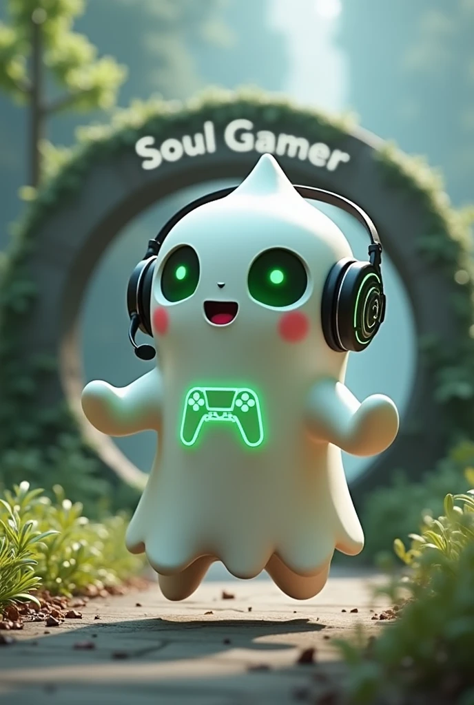 Create a medium-sized robot pet with a ghost-like appearance. With slightly rounded shapes resembling a drop. On your hands you have well defined fingers. His facial expression has large, green eyes with a glow, conveying a friendly and cheerful expression. He has a small open mouth with a happy smile and flushed cheeks.. Its body is white with small green details and a smooth, slightly shiny texture.. He has a headset on his head with an adjustable microphone positioned close to his mouth.. And on his chest you can see the illuminated shape of a Playstation 5 controller in fluorescent green.. It floats in the air, as if he were ready for an adventure. Behind the character you can see a portal and on it is written "Soul Gamer"