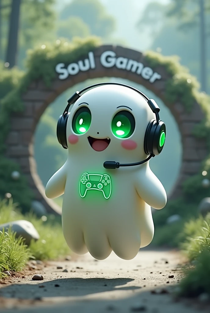 Create a medium-sized robot pet with a ghost-like appearance. With slightly rounded shapes resembling a drop. On your hands you have well defined fingers. His facial expression has large, green eyes with a glow, conveying a friendly and cheerful expression. He has a small open mouth with a happy smile and flushed cheeks.. Its body is white with small green details and a smooth, slightly shiny texture.. He has a headset on his head with an adjustable microphone positioned close to his mouth.. And on his chest you can see the illuminated shape of a Playstation 5 controller in fluorescent green.. It floats in the air, as if he were ready for an adventure. Behind the character you can see a portal and on it is written "Soul Gamer"