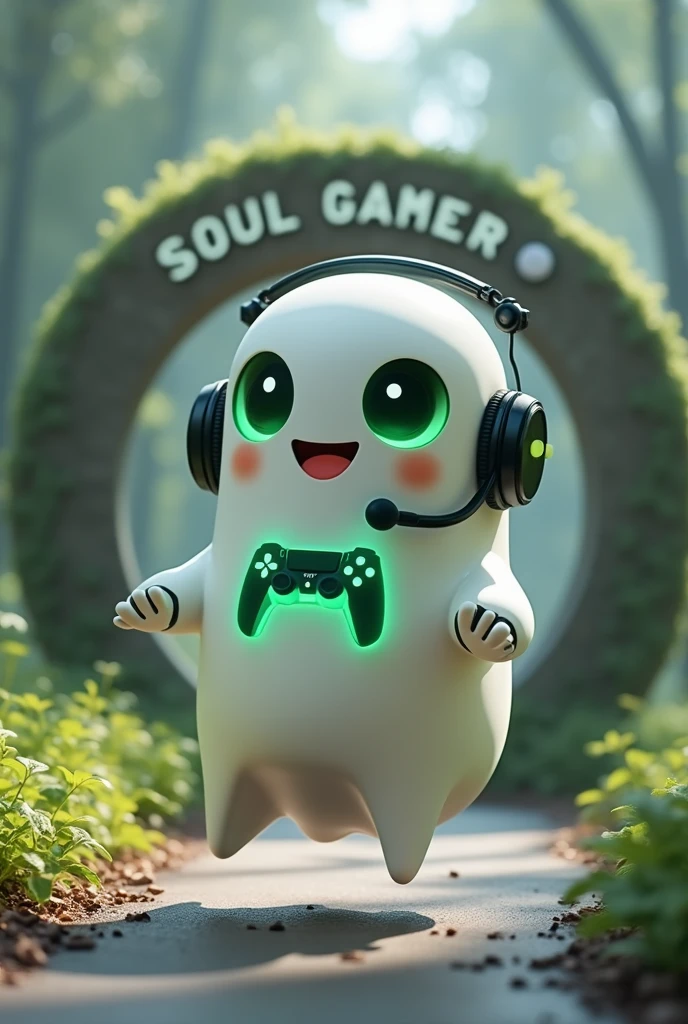 Create a medium-sized robot pet with a ghost-like appearance. With slightly rounded shapes resembling a drop. On your hands you have well defined fingers. His facial expression has large, green eyes with a glow, conveying a friendly and cheerful expression. He has a small open mouth with a happy smile and flushed cheeks.. Its body is white with small green details and a smooth, slightly shiny texture.. He has a headset on his head with an adjustable microphone positioned close to his mouth.. And on his chest you can see the illuminated shape of a Playstation 5 controller in fluorescent green.. It floats in the air, as if he were ready for an adventure. Behind the character you can see a portal and on it is written "Soul Gamer"