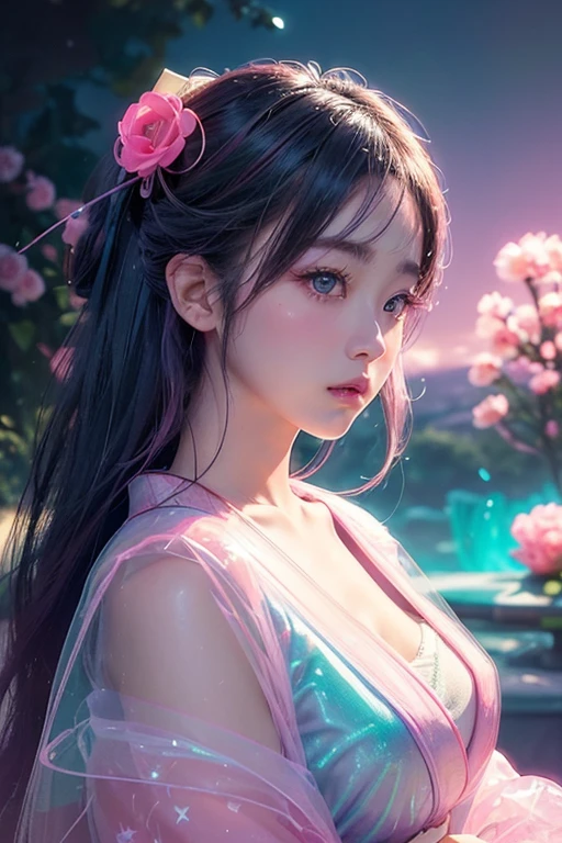 Sexy kimono v-neck Japanese girl biting a rose、(Fluorescent Color:1.4)、(translucent:1.4)、(Retro filter:1.4)、(fantasy:1.4)、Candy world Disneyland Fantasy fluffy soft scenery forest snow avatar Pastel pink sky green blue glow Dreamy light Pastel soft glow Rainbow stars Diamond glitter Gemstone background Ultra realistic ultra high quality movie lighting Huge details Full HD Full light、