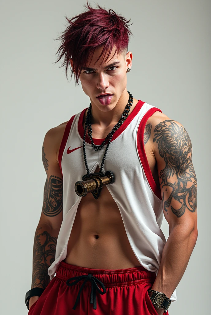 pose - eyelid pull tongue out, Whole body ,Anime, 1boy,buzz cut, fade,shaved head dark red hair , gradient eyes, character chart, young man, sportswear-like clothing ted by dark red and white hues, athletics, brings out a youthful and stylish image. His facial expression and posture may be a bit tense, aggressive look, full body, tachie, UHD, high resolution, highest quality, plain background, On his body a cannon necklace, from abstract patterns to symbols of strength and rebellion,Oscar winning, award winning movie stills, heartwarming, movie, movie shots, very moving, full body, The whole body was photographed