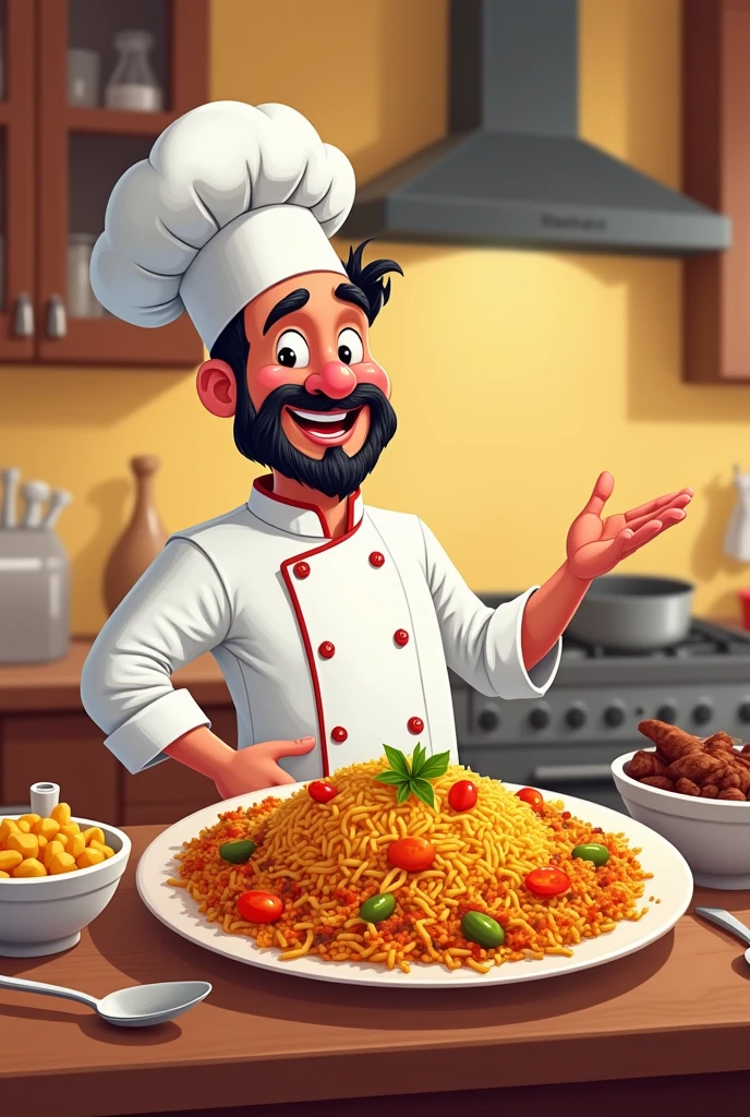 Smart muradabaadi chef wearing chef dress. Smiling. Showing delicious biryani. Cartoon theme