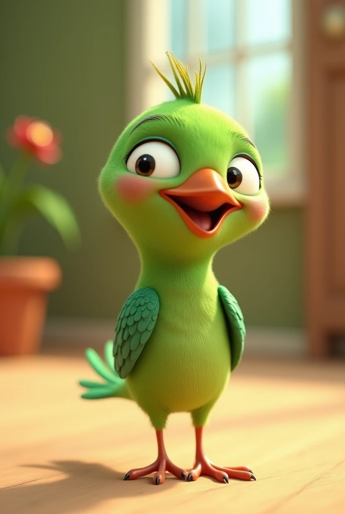 Pixar style 3d animation, Little green bird with a red beak, of the ring neck species, on a neutral background