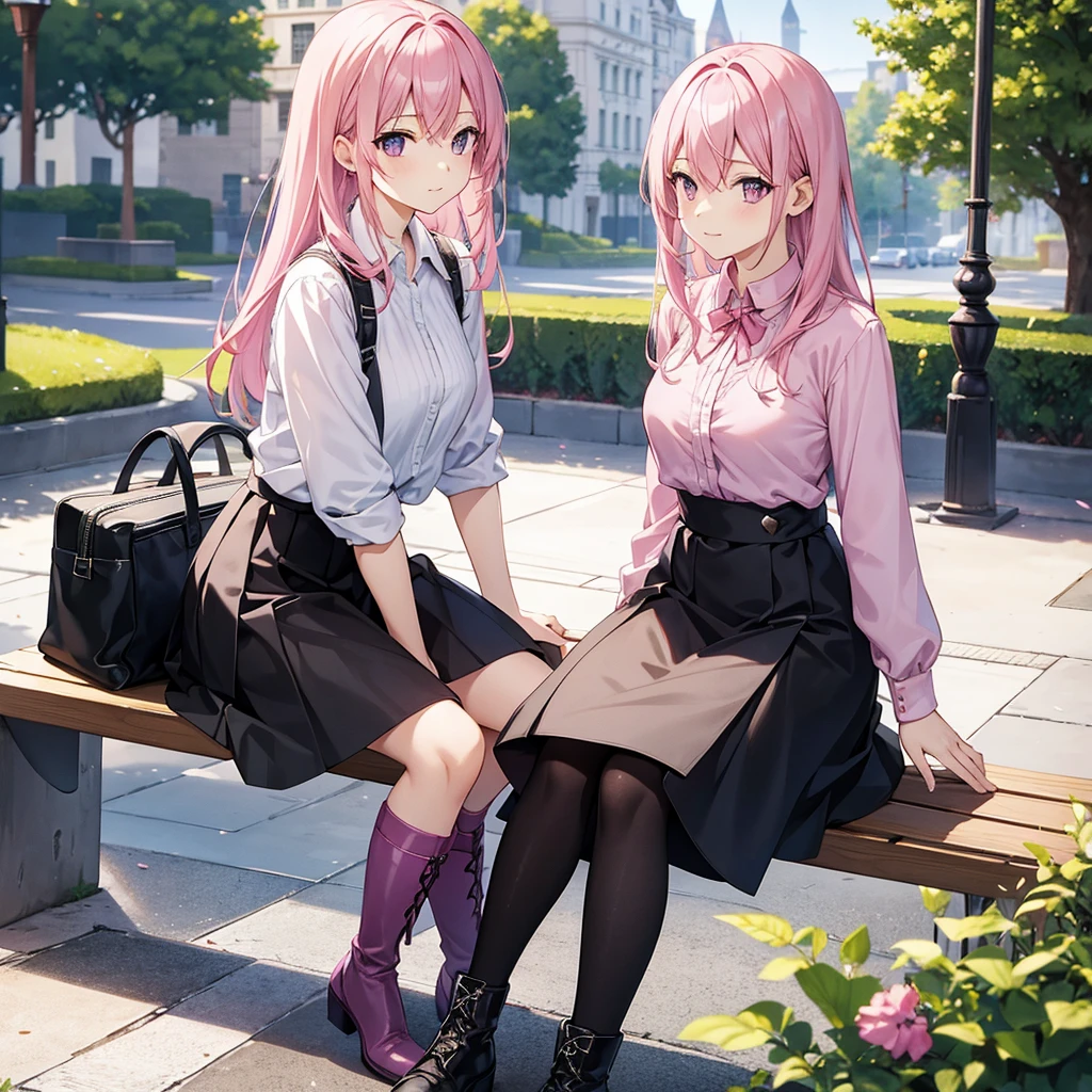 Pink haired female character, wearing a black skirt and a pink blouse , wearing boots, with lilac eyes, sitting on a bench in the square 