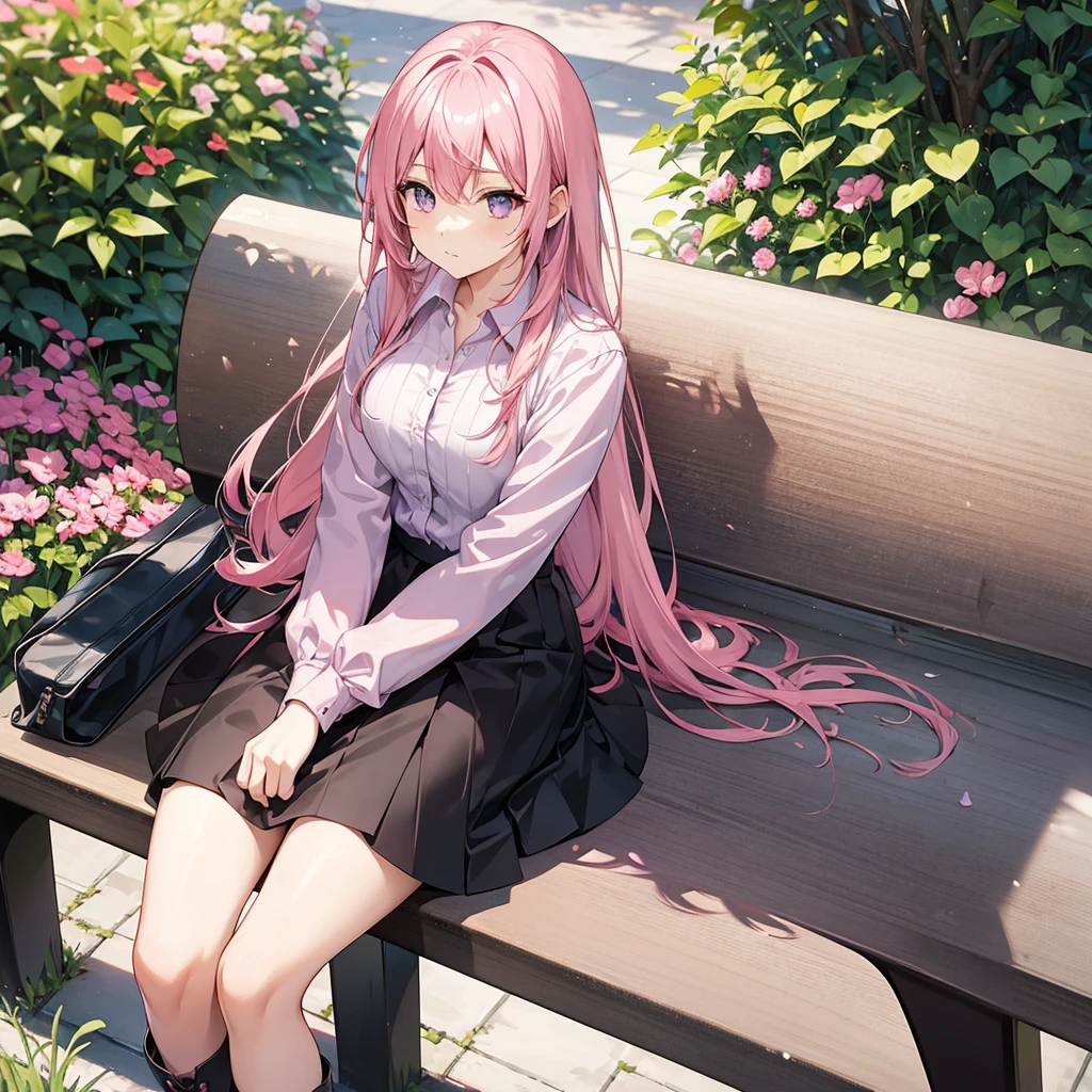 Pink haired female character, wearing a black skirt and a pink blouse , wearing boots, with lilac eyes, sitting on a bench in the square 