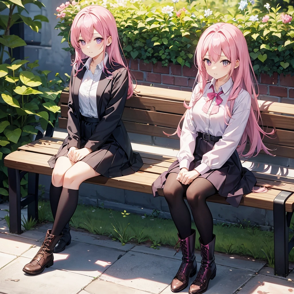 Pink haired female character, wearing a black skirt and a pink blouse , wearing boots, with lilac eyes, sitting on a bench in the square 