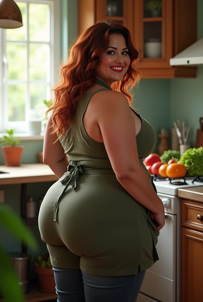1 girl, standing alone, chestnut hair, mature woman, breasts big, thicc thighs, behind the view, (Kale:1.2), apron, smiling, (blushful:1.1), kitchen, red lipgloss stick, huge ass, curved