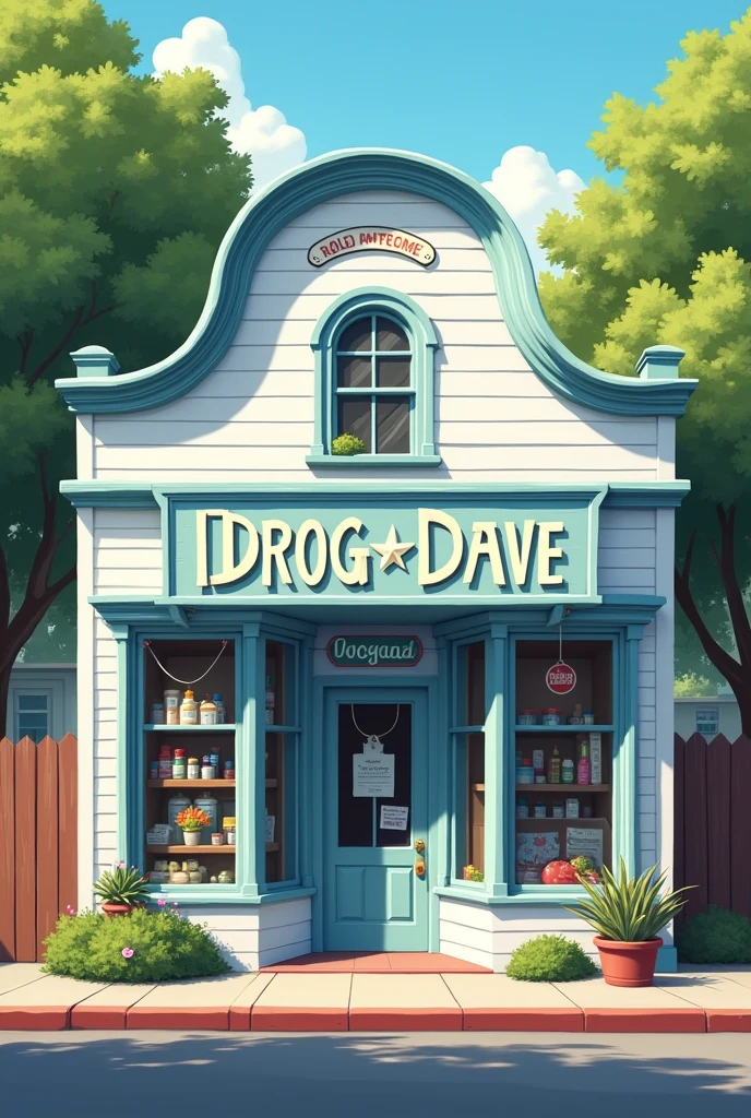 a small drugstore with white and light blue tones and the facade with the words DROGADAVE written on it