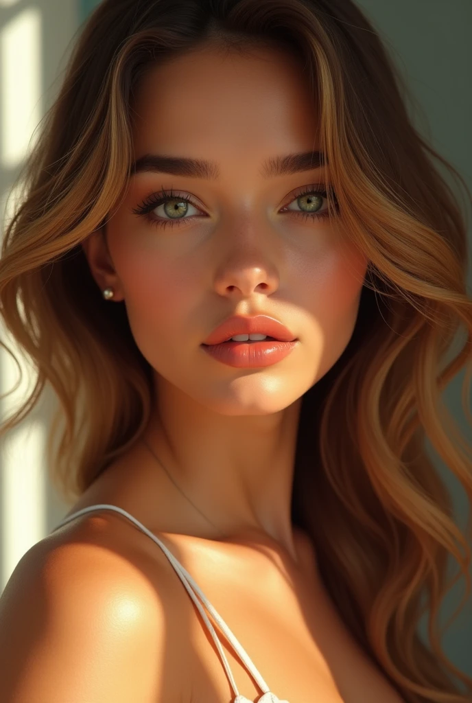 She has a luminous complexion, with a soft clarity that highlights her mixed heritage. Her skin is flawlessly smooth, with a golden undertone that subtly catches the light. Her face is harmonious, with well-defined features: high, slightly prominent cheekbones, a fine and straight nose, and a delicately contoured jawline. Her eyes, almond-shaped and captivating, are an intense color, somewhere between green and hazel, framed by long, curled lashes. Her eyebrows are neatly arched, enhancing the elegant and serene expression of her gaze.
Her lips are full and well-shaped, with a natural rosy hue that perfectly contrasts with her complexion. Her hair, silky and slightly wavy, cascades down her shoulders, a rich caramel brown with golden highlights. Her hair gently frames her face, adding a touch of warmth to her appearance.
Her silhouette is graceful and well-proportioned, with elegant and feminine curves. She carries herself with a straight, assured posture, exuding a sense of confidence and serenity. Her overall look is both natural and sophisticated, embodying a timeless beauty that effortlessly draws attention.