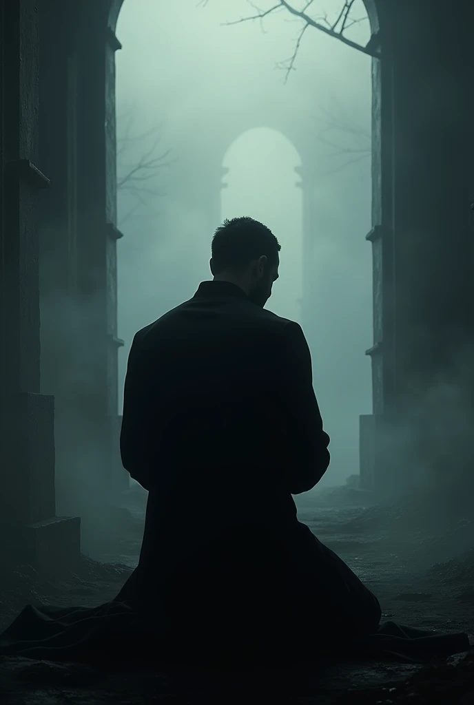 Silhouette of a man repenting from the back view, make him kneel more gloomy, from the point of view of his back