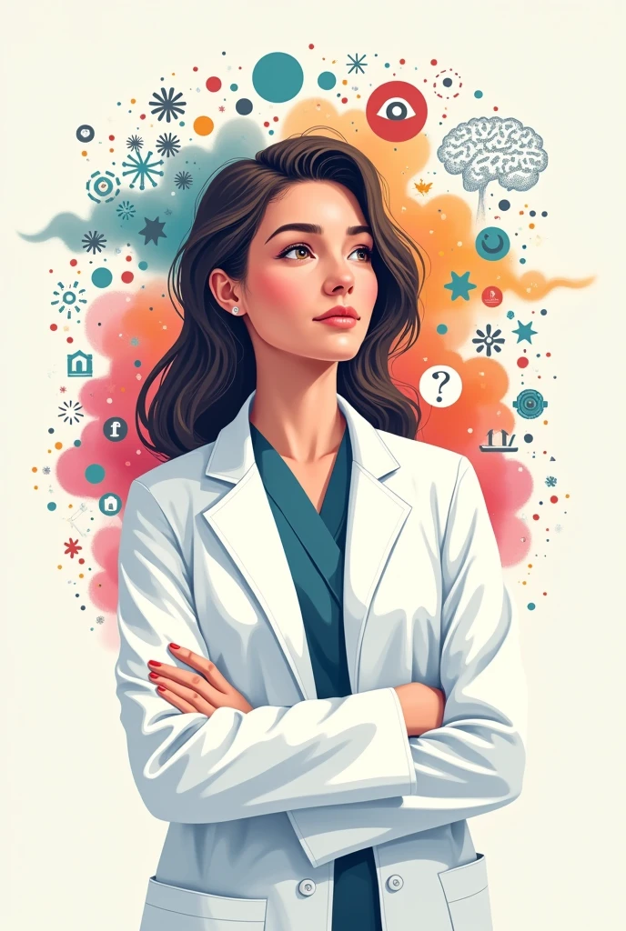 Create a vector image of a very tender female psychologist dressed in a white coat and in the background a cloud of ideas with elements related to psychology