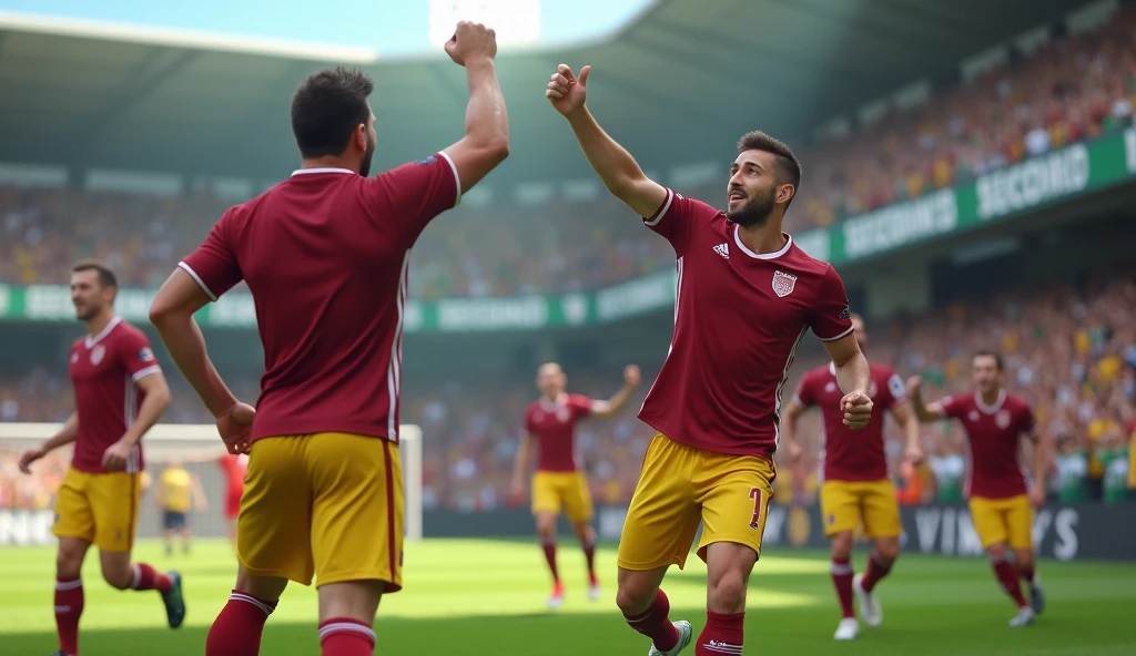 create an image of several players celebrating a victory in a small stadium, everyone was dressed in burgundy shirts with white stripes and yellow shorts and the fans were wearing green and white shirts