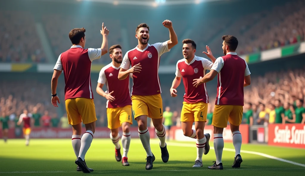 create an image of several players celebrating a victory in a small stadium, everyone was dressed in burgundy shirts with white stripes and yellow shorts and the fans were wearing green and white shirts