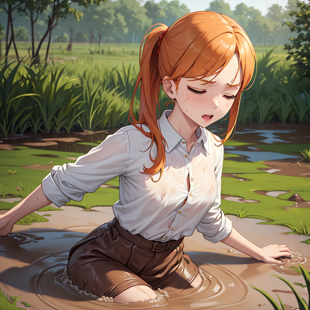 Solo girl, sweet ginger girl, 1 girl, muddy, dirty, ginger ponytail hair, drowning in quicksand, mud, swamp, bog, grass, trees, white blouse, red miniskirt, (orgasm:1.5), (looking up:1.3), (eyes closed:1.4), from the torso up, (from side:1.4)