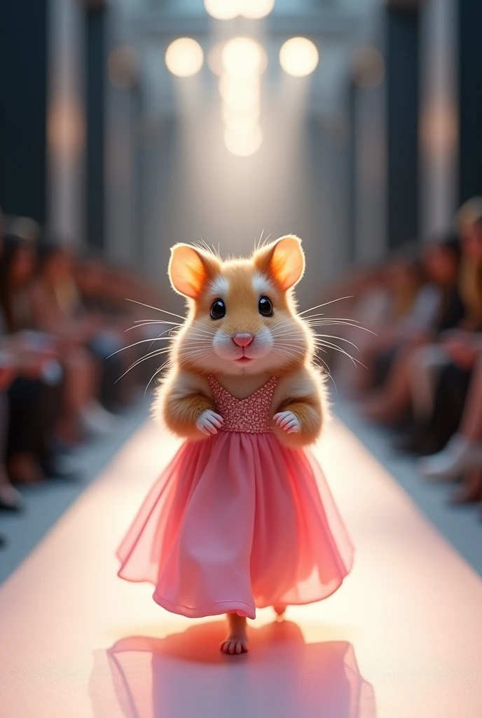 A beautiful Hamsters wearing pink maxi cloth walking down the runaway at a fashion show,