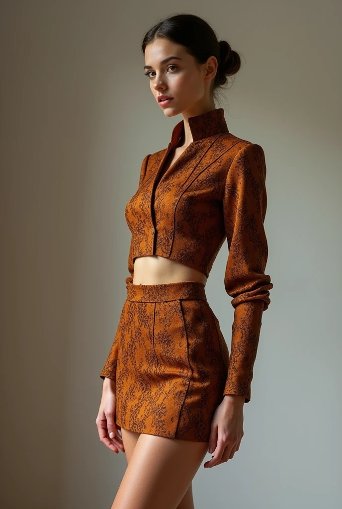 European woman model wearing a short skirt and short blouse set with the same fabric in baroque relief. thick fabric, cor parda.