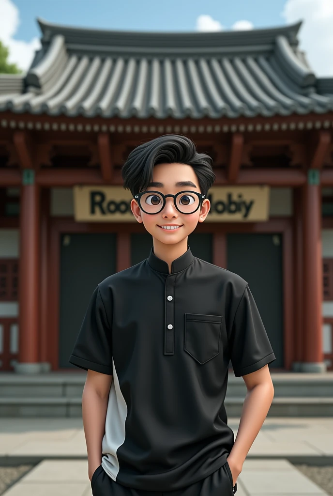 A human Nobita who wears a black Malay shirt with a white side and wears round glasses against the background of a hall building in Japan with the name ROOM NOBIY written on it