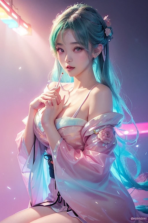 Sexy kimono v-neck Japanese girl biting a rose、(Fluorescent Color:1.4)、(translucent:1.4)、(Retro filter:1.4)、(fantasy:1.4)、Candy world Disneyland Fantasy fluffy soft scenery forest snow avatar Pastel pink sky green blue glow Dreamy light Pastel soft glow Rainbow stars Diamond glitter Gemstone background Ultra realistic ultra high quality movie lighting Huge details Full HD Full light、