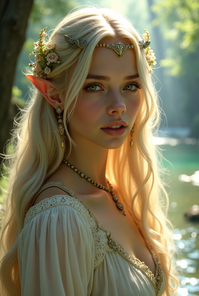 an elven princess, long blonde hair and green eyes, with the face of young actress Renee O'Connor.