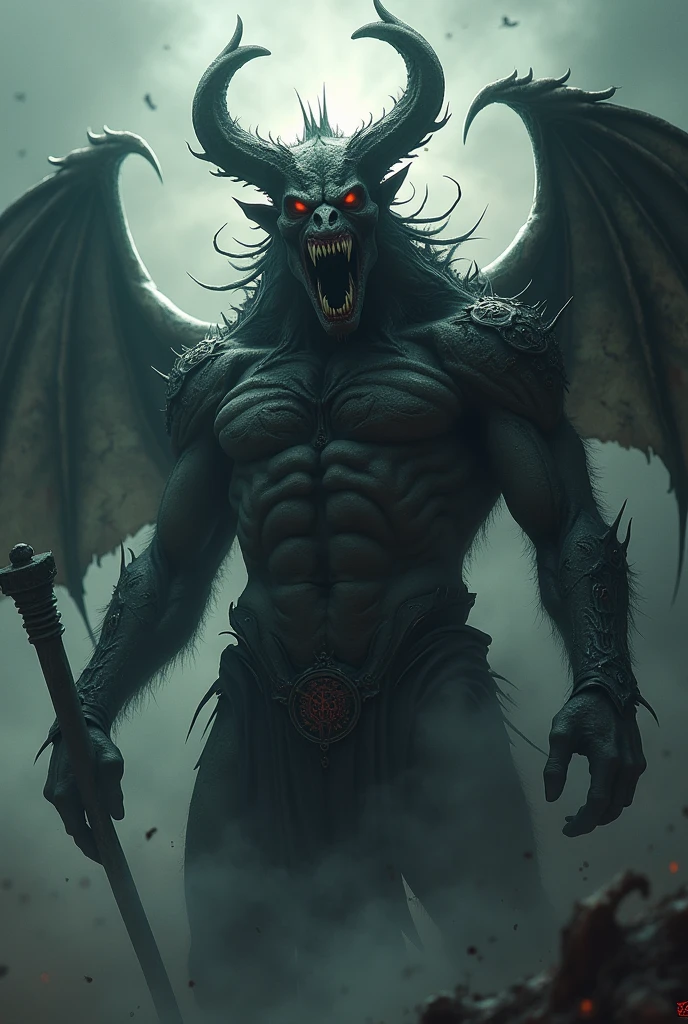 a demon, grimdark, with long teeth, sharp horns, symbols, Satanism, grim reaper