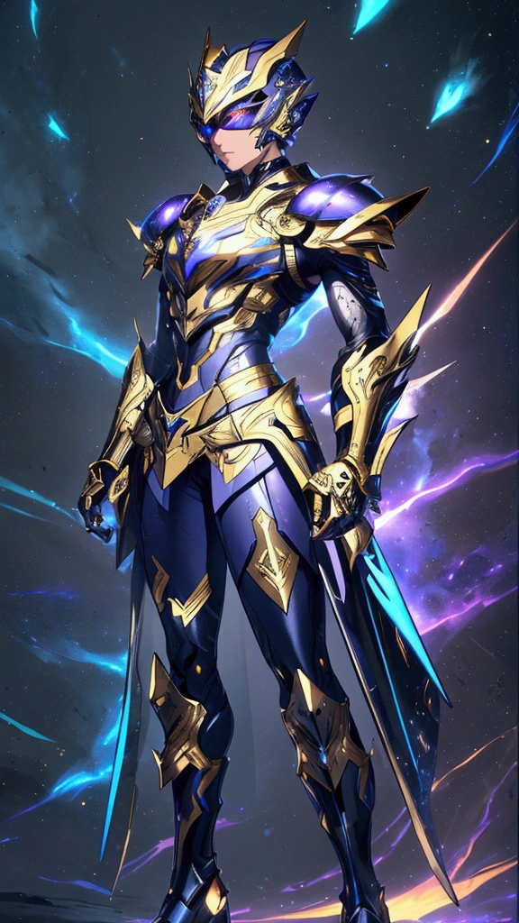 It's a man. The image presents a highly detailed and futuristic armor designed for a male warrior. The armor combines elements from different parts to create a cohesive and powerful look. Helmet: The helmet features a sleek, aerodynamic design with a golden metallic finish. It has a central crest that rises upwards, and the visor glows with a bright blue light, giving it a high-tech, futuristic appearance. Pauldrons (Shoulder Pads): The shoulder pads are designed to be close to the chest, with angular lines extending smoothly toward the shoulders. They have a polished golden finish and curve elegantly upward, creating a harmonious transition between the chest and shoulders, while providing a majestic and protective look. Chest Plate: The chest plate is intricately segmented, with a combination of gold and dark metallic blue. It has a gem-like crystal in the center that emits a soft, mystical glow. The design of the chest plate is both protective and regal, with sharp, angular lines that add to the overall futuristic aesthetic. Arm Guards: The arm guards are sleek and streamlined, with articulated golden and purple segments that offer flexibility and protection. The design of the gauntlets is both robust and elegant, incorporating futuristic elements that blend with the classic style. Leg Armor: The legs are armored with segmented plates that are primarily gold and purple. The boots are angular and sturdy, with a design that conveys both strength and agility. The overall look of the leg armor is grounded yet sleek, completing the ensemble with a powerful stance. The background of the image is a dark cosmic scene, filled with distant stars and nebulae that highlight the polished surfaces of the armor. Dynamic lighting is used to emphasize the key features, particularly the glowing visor and central chest gem, reinforcing the mystical and imposing nature of the warrior.