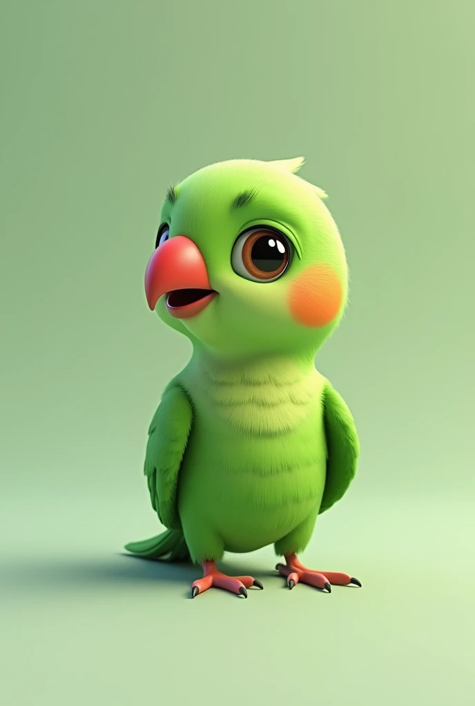 3d animation, Little green bird with a red beak, of the ring neck species Psitaculla krameri, on a neutral background